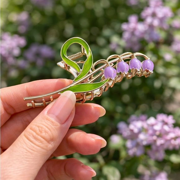 Vintage Lily of the Valley Gold Tone Floral Barrette Lavender Hair Clip main image 8
